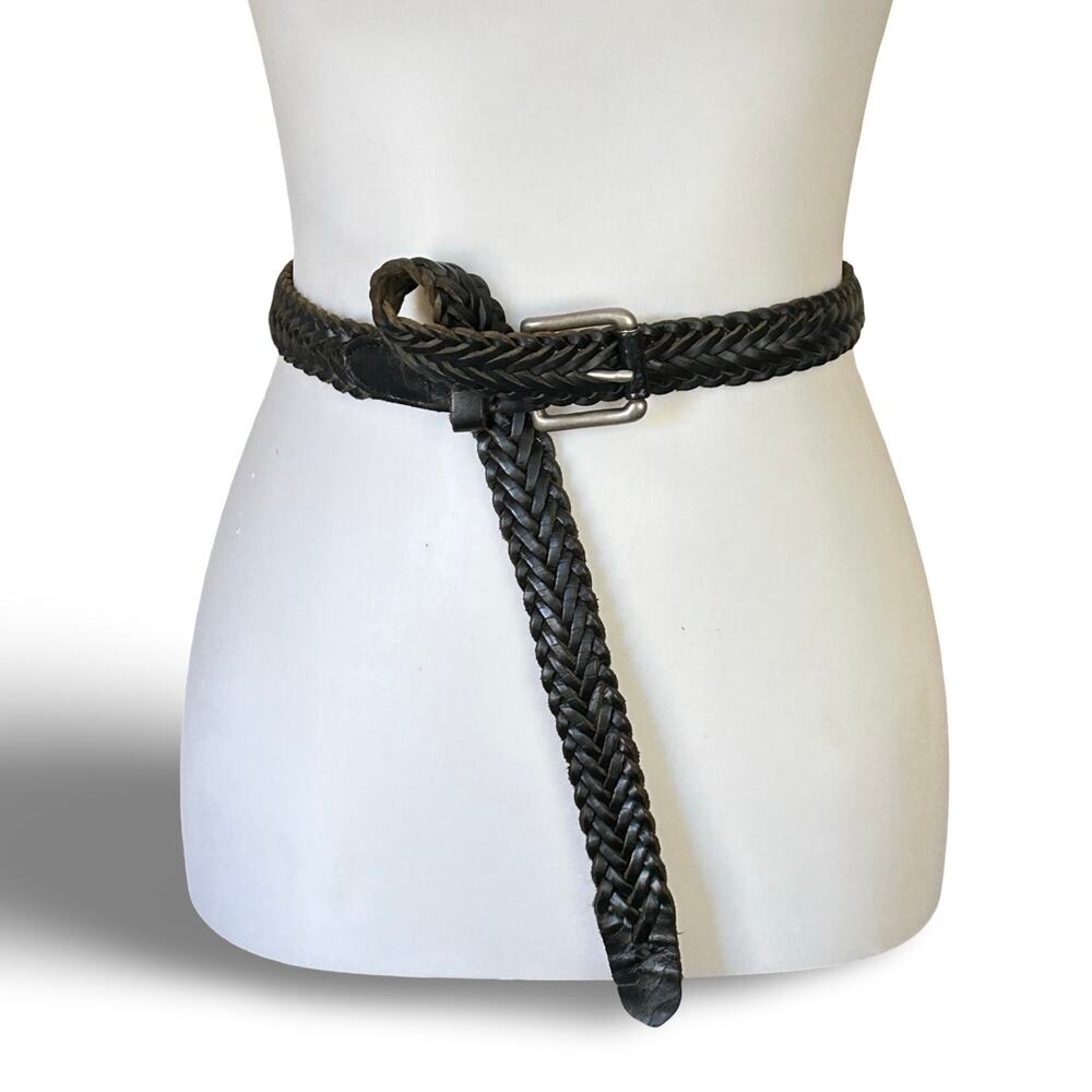 VTG 90s Black Braided Leather Belt Unisex Adjustable Boho Minimalist